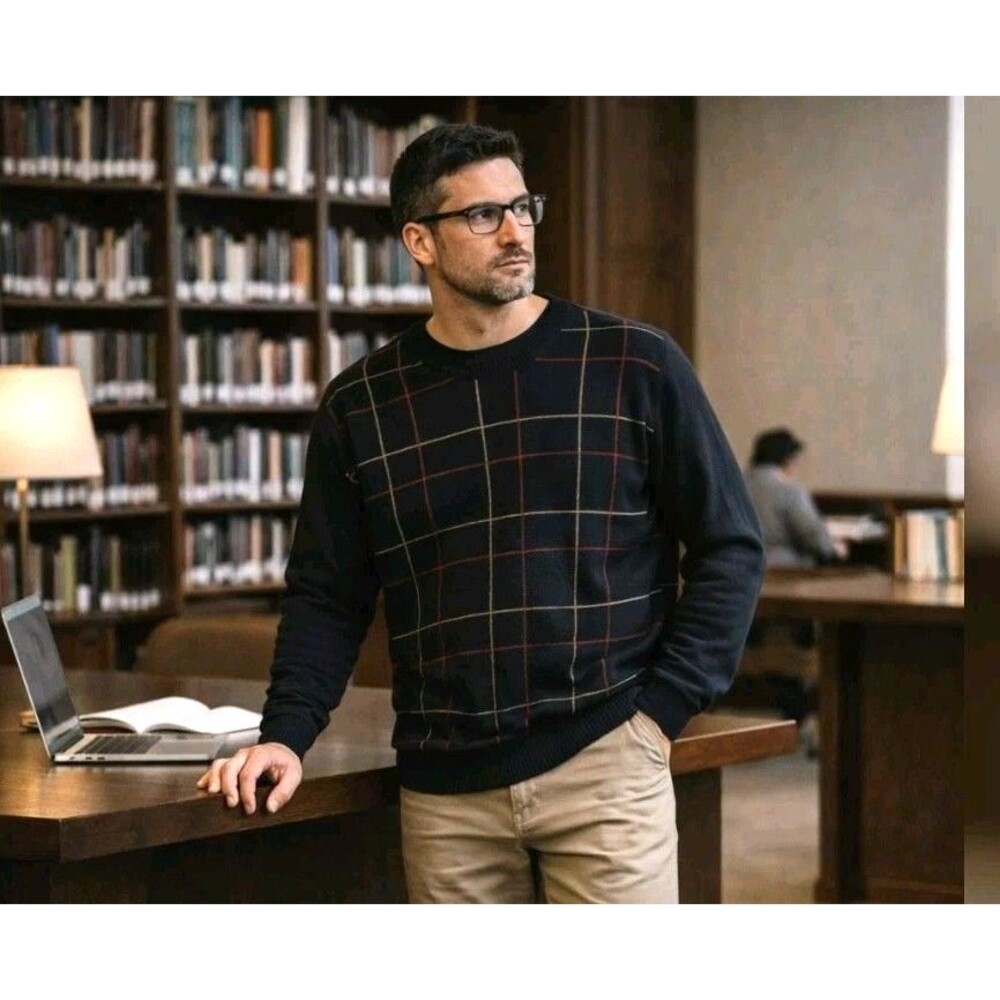 Vtg Cosby L Pebble Beach Pima Cotton Sweater Black Plaid Preppy Dark Academia